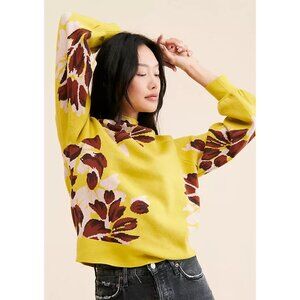 Anthropologie Beatrice Floral Chartreuse Mock Neck Floral Sweater